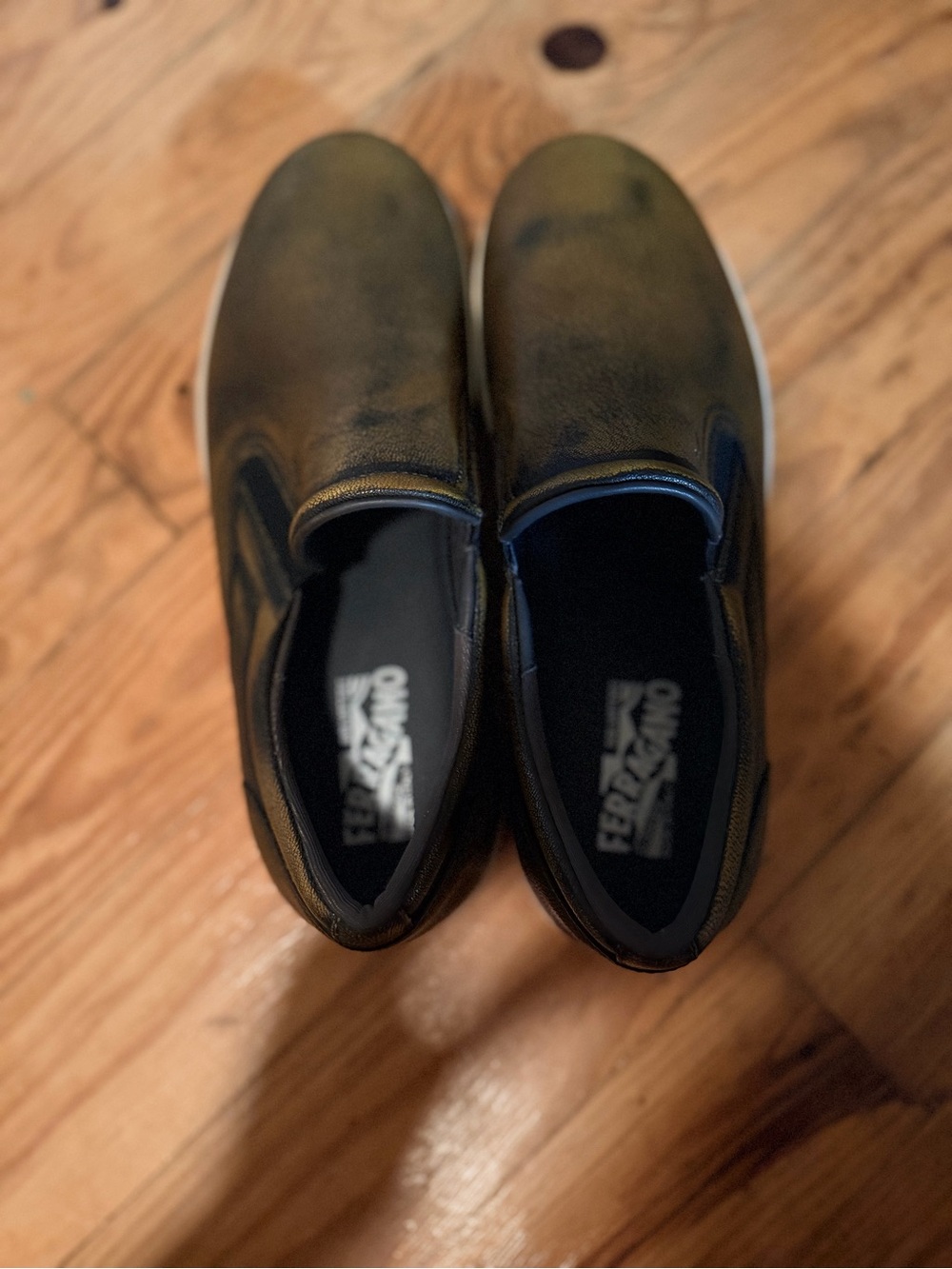 Salvatore Ferragamo Bronze Metallic Leather Slip-On Sneakers Men’s - Picture 2 of 4